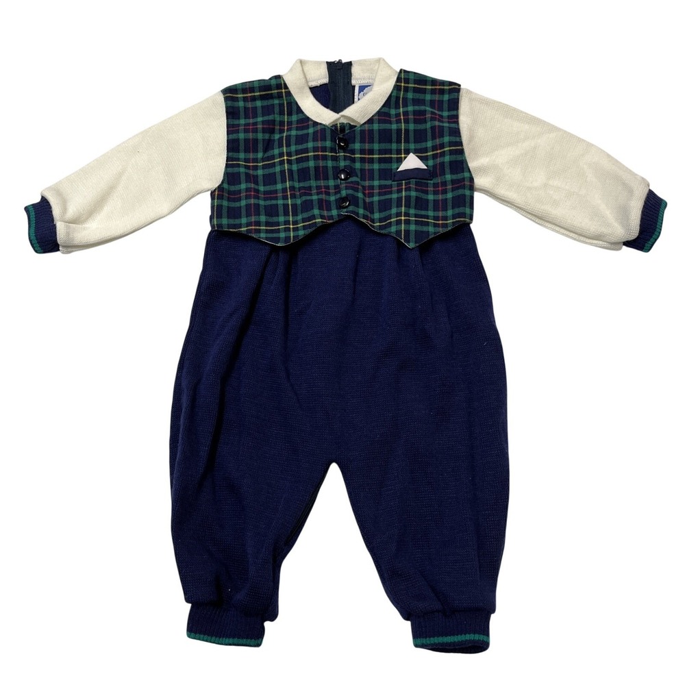 Vintage Carriage Boutiques Jumper Blue Plaid Vest Sweater Knit Bay Boy 12M